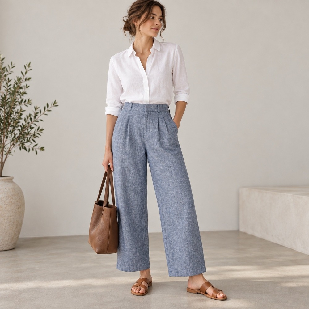 Uniqlo Pants Womens M Linen Cotton Wide Straight Pleated Chambray Blue Trousers
